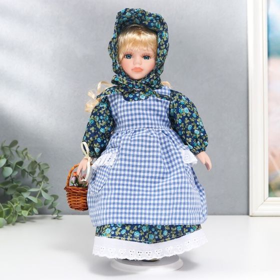 Кукла коллекционная керамика &quot;Маруся в синем цветочном платье и косынке&quot; 30 см