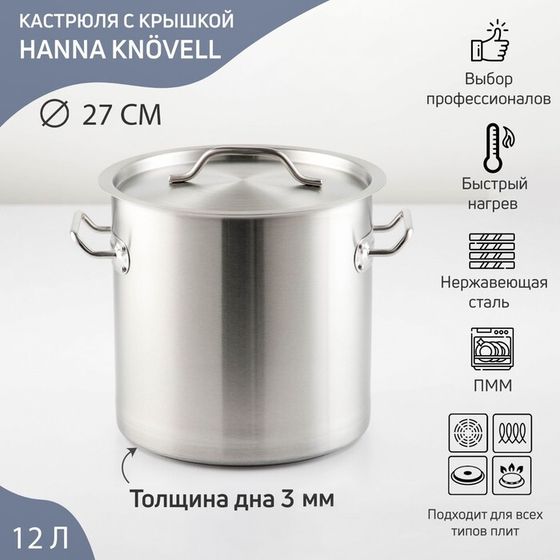 Кастрюля Hanna Knövell HoReCa, 12 л, толщина 0.8 мм, 201 сталь, дно 3 мм, с теплораспределительным слоем, индукция, нержавеющая сталь