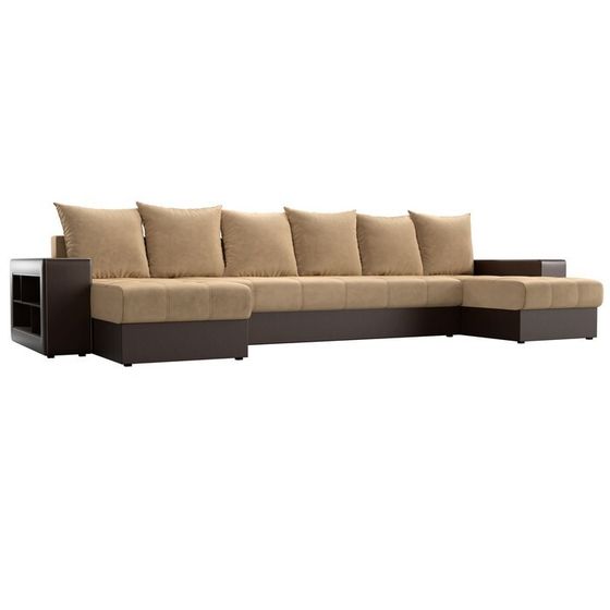 П-образный диван «Дубай», механизм еврокнижка, бежевый микровельвет / коричневая экокожа