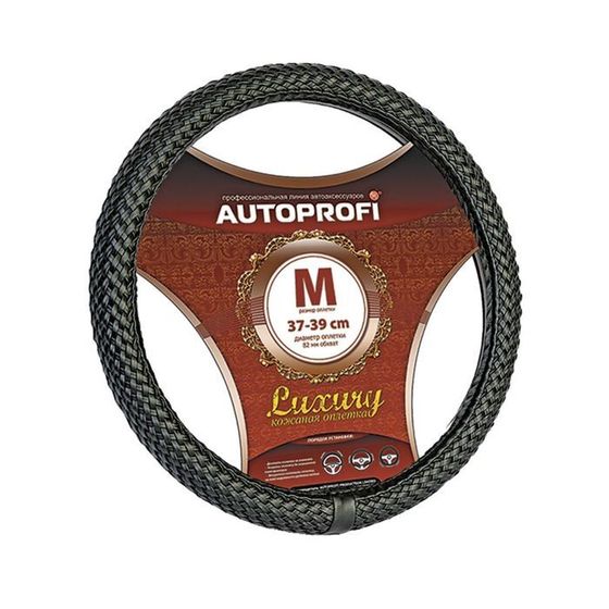 Оплётка руля AUTOPROFI AP-800 BK (M), серия LUXURY, PU кожа, полностью плетёная, цвет чёрный