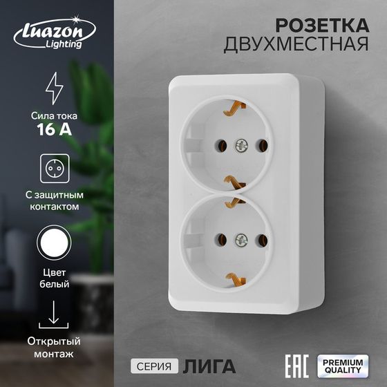 Розетка двухместная Luazon Lighting &quot;Лига&quot;, 16 А, накладная, с з/к, белая