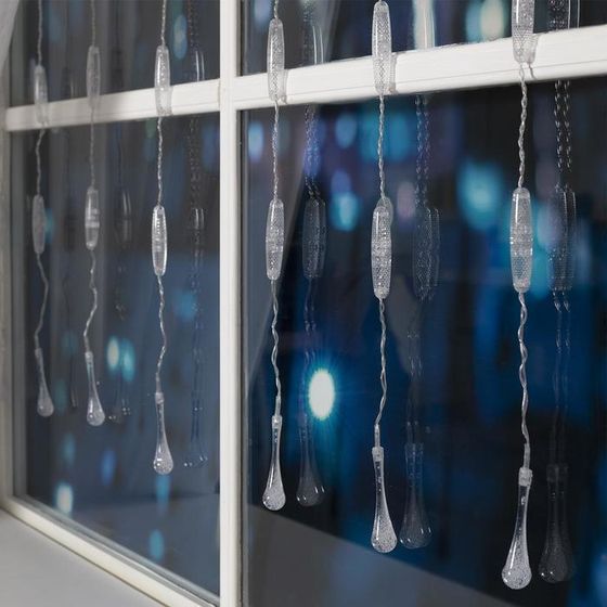 !09 Гирлянда «Занавес» 2.5 x 0.65 м с насадками «Капли», IP20, прозрачная нить, 50 LED, свечение белое, 8 режимов, 220 В