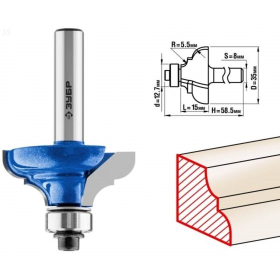 Фреза кромочная ЗУБР 28703-35, калевочная №3, R = 5.5 мм, 35 x 16 мм