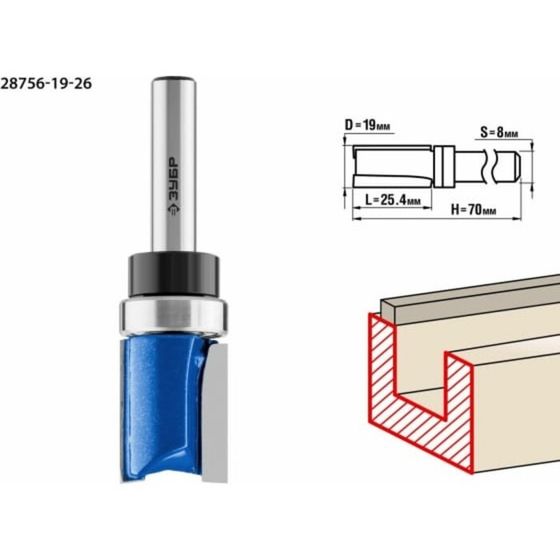 Фреза пазовая ЗУБР 28756-19-26, прямая, с верхним подшипником, хвостовик d  = 8 мм, 19x26 мм   95752