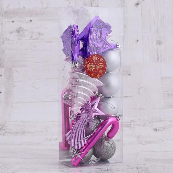 !09 Набор украшений пластик 18 шт &quot;Вечер чуда&quot; (6 шаров, 3 леденца, 3 ёлки, 3 звезды, 3 дома)цвет серебристый/сиреневый