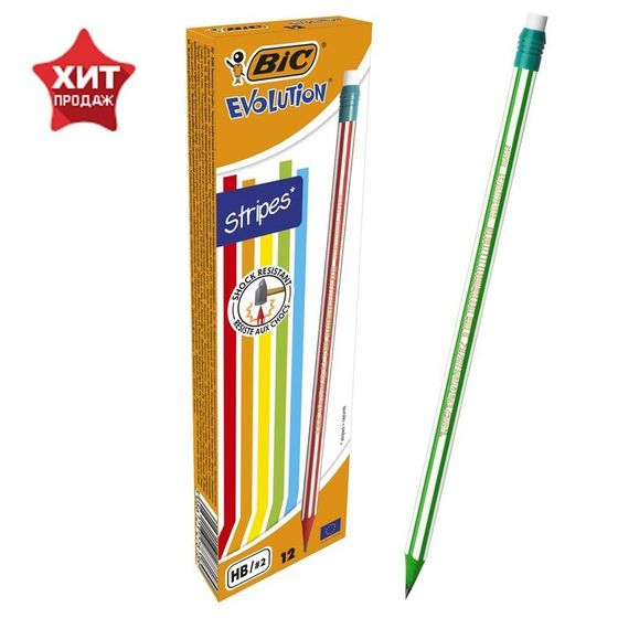 Карандаш чернографитный HB, BIC Evolution Stripes, c ластиком, корпус с полосками, микс