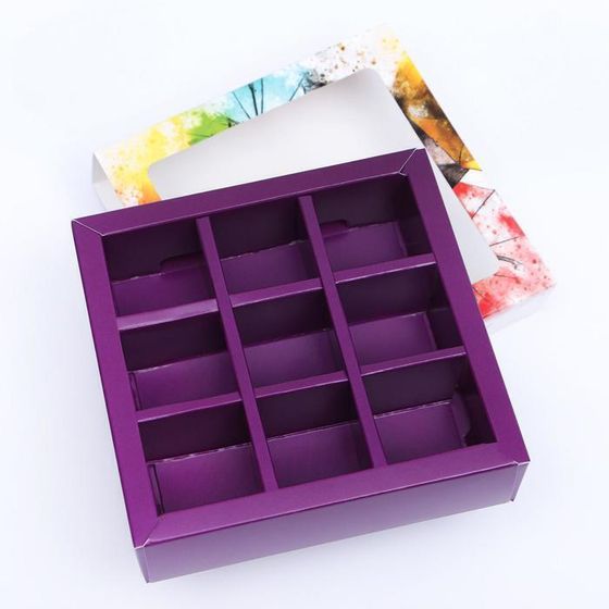 !09 Коробка под 9 конфет(набор 3 штуки) с обечайкой " Зонтики " с окном 14,5 х 14,5 х 3,5 см.