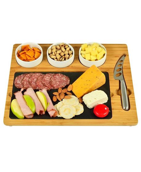 Deluxe Bamboo, Slate Cheese Board, 3 Bowls, Multifunction Knife