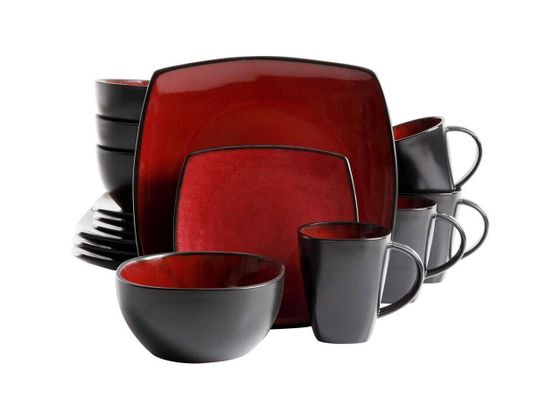 Gibson Soho Lounge 16 Piece Reactive Glaze Dinnerware Plates, Bowls, &amp; Mugs, Red