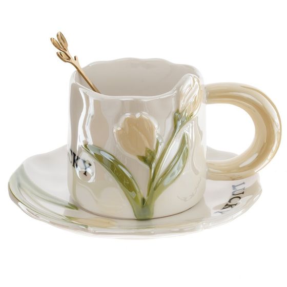 Чашка с блюдцем и ложкой, 240 мл, L15 W15 H7,5 см, дизайн микс