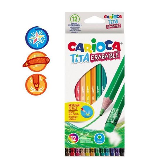 Карандаши 12 цветов, Carioca &quot;Tita Erasable&quot;, стираемые, пластик, шестигранные, грифель 3.0 мм, яркие цвета и плавное письмо, европодвес