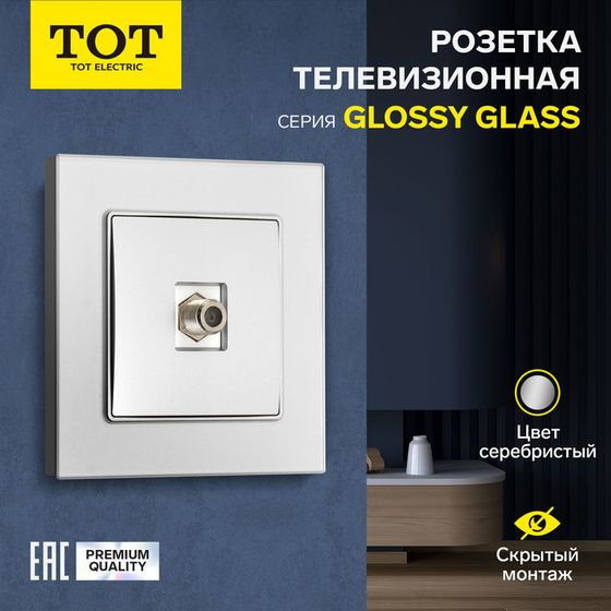 Розетка телевизионная одноместная TOT Glossy Glass, скрытая, стекло, серебристая