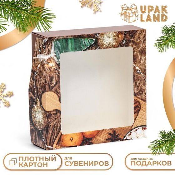Коробка подарочная новогодняя складная с окном &quot;Фрукты&quot;, 15 х 15 х 4 см.