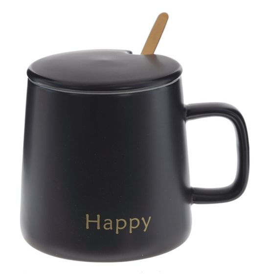 Кружка с крышкой и ложкой, 400 мл, L12 W9 H9 см,дизайн микс