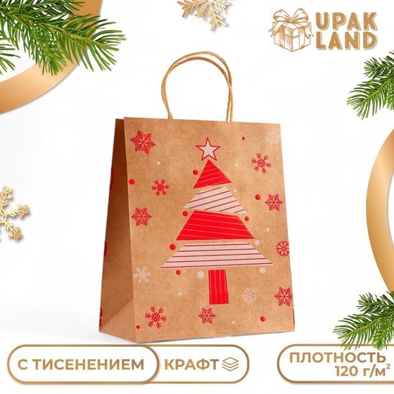 Пакет крафт с  тиснением, &quot;Ёлка&quot; круглая ручка,  33 х 25 х 12 см, 120 г