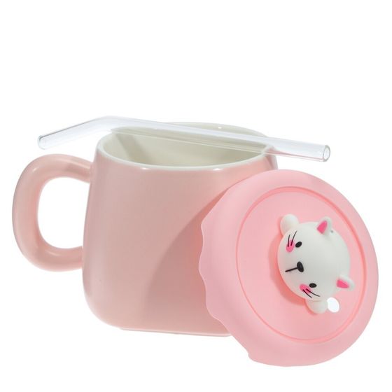 Кружка с крышкой и трубочкой, 400 мл, L13 W9,5 H12 см,дизайн микс