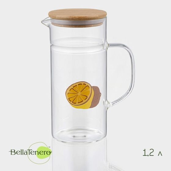 Кувшин для воды мерный BellaTenero «Эко. Фрукты», 1,2 л, 14,5×9,5×22 см, стекло, с бамбуковой крышкой, прозрачный