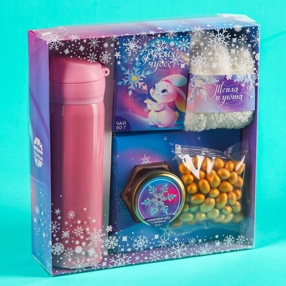!09 Набор «Время чудес»: чай чёрный с тропическими фруктами 50 г., крем-мёд с черникой 120 г., арахис в шоколадной глазури 100 г., носки р-р: 36–39, термос 500 мл.
