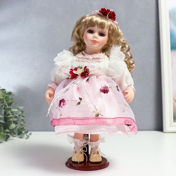 Кукла коллекционная керамика &quot;Агата в бело-розовом платье и с цветами в волосах&quot; 30 см