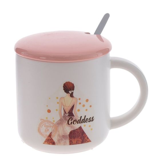 Кружка с крышкой и ложкой, 380 мл, L12 W9 H9,5 см, дизайн микс