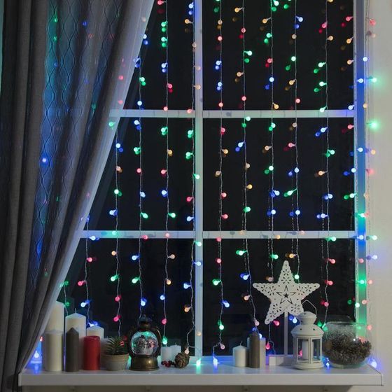 УЦЕНКА Гирлянда «Занавес», 2×1.5 м, с насадками в виде шариков, IP20, 360 LED, 220 В, 8 режимов, прозрачная нить, свечение мульти