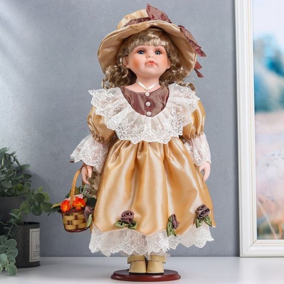 Кукла коллекционная керамика &quot;Вика в золотистом платье с корзиной цветов&quot; 40 см