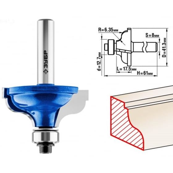 Фреза кромочная ЗУБР 28706-41.3, калевочная №5, R = 6.3 мм, 41.3 x 18 мм