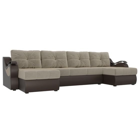 П-образный диван «Меркурий», еврокнижка, микровельвет, экокожа, цвет бежевый / коричневый