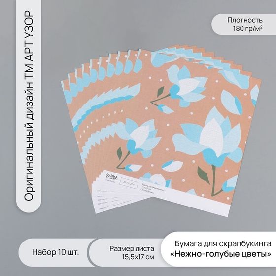 Бумага для скрапбукинга &quot;Нежно-голубые цветы&quot; плотность 180 гр набор 10 шт 15,5х17 см