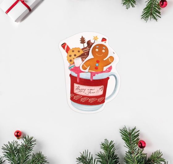 !09 Открытка (набор 7 штук микс) «С Новым Годом!» , 9 х 7 см. + «Happy New Year» кружка, 7 х 9 см. + «С Новым Годом!» кот и какао, 6 × 9 см.