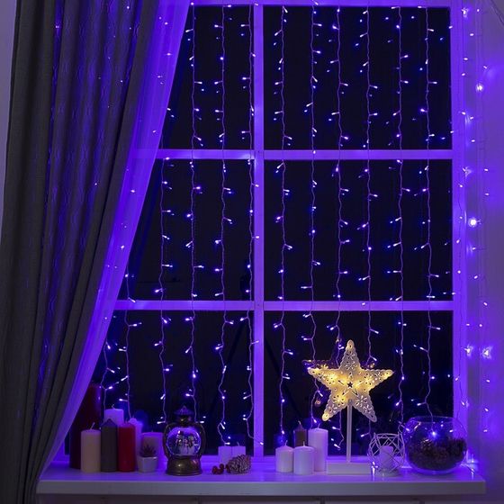 УЦЕНКА Гирлянда «Занавес», 2×1.5 м, IP20, 360 LED, 220 В, 8 режимов, прозрачная нить, свечение фиолетовое