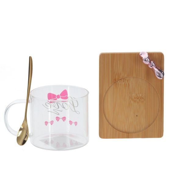 Кружка с ложкой на деревянной подставке, 290 мл, L12,5 W9 H8 см, дизайн микс