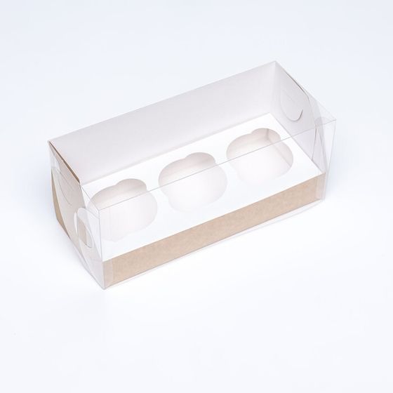 Упаковка на 3 капкейка с окном, крафт, 25×10×10 см