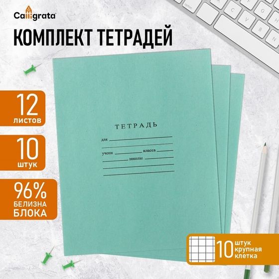 Комплект тетрадей из 10 штук, 12 листов в крупную клетку Бумажная фабрика &quot;Зелёная обложка&quot;, 60 г/м2, блок офсет, белизна 96%