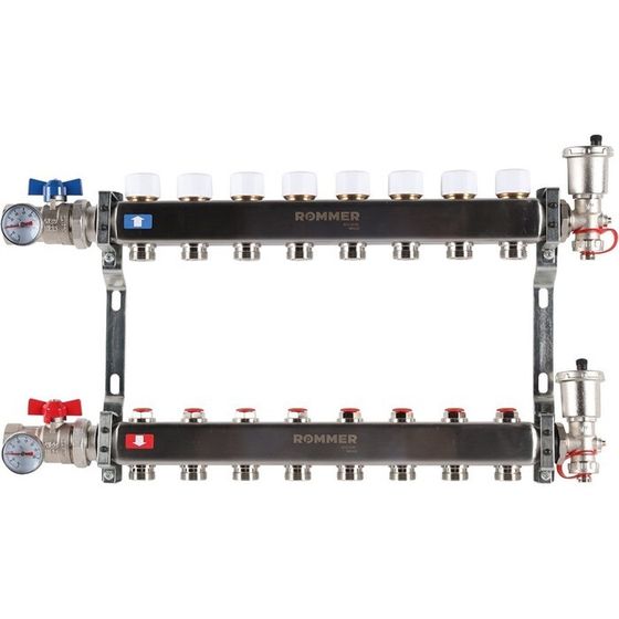 Коллектор ROMMER RMS-3210-000008, 1&quot;х3/4&quot;, 8 выходов, в сборе без расходомеров, нерж. сталь