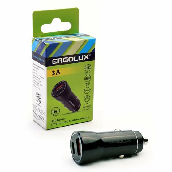 Автомобильное З/У Ergolux ELX-CA01-C02 1USB+1Type C, 12В, 5V/3А, LED, черный,