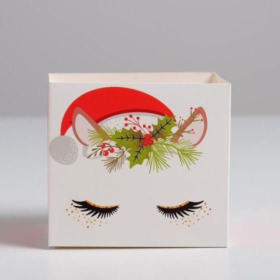 !Коробка для цветов с топперами 4 штуки «Новогодний единорог», 10 х 10 х 12 см