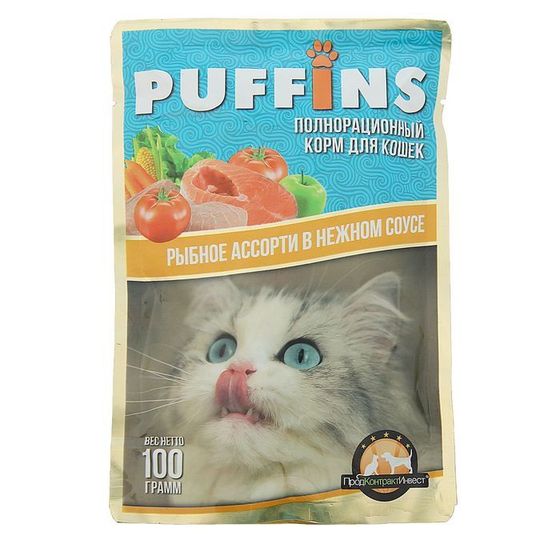 Влажный корм &quot;Puffins&quot; для кошек, сочные кусочки рыбное ассорти в соусе, 100 г