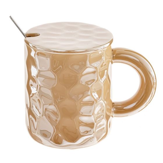 Кружка с крышкой и ложкой, 350 мл, L12,5 W8 H10,5 см, цвет микс