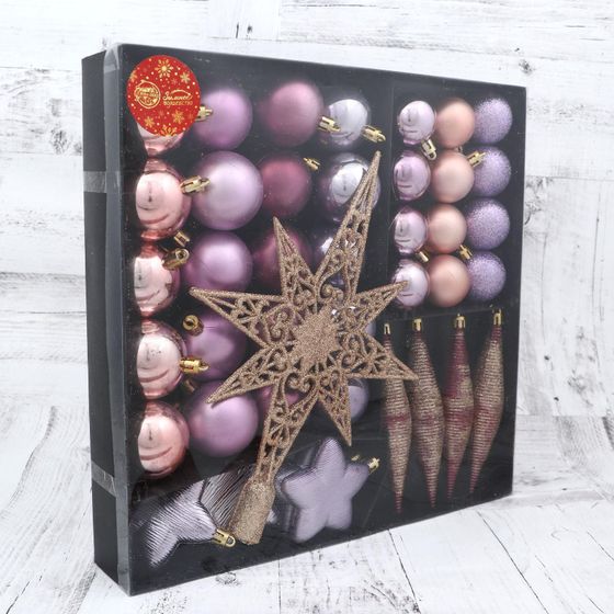 !09 Набор украшений пластик с верхушкой 43 шт &quot;Глория 1&quot; (32 шара, 4 сосульки, 6 звёзд)