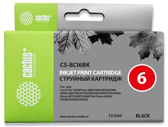 Картридж струйный Cactus CS-BCI6BK черный (12мл) для Canon i905D/i950S/i960x/i965/i990/i9100/i9950/S800/S820/S900/S9000/iP600D/iP8500/JX500/MP750
