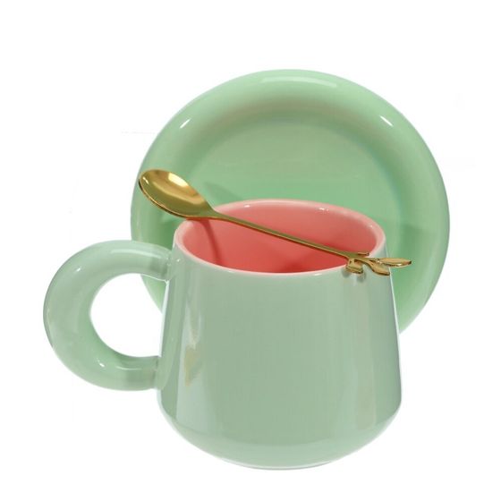 Кружка с блюдцем и ложкой, 300 мл, L16 W13 H10 см, цвет микс