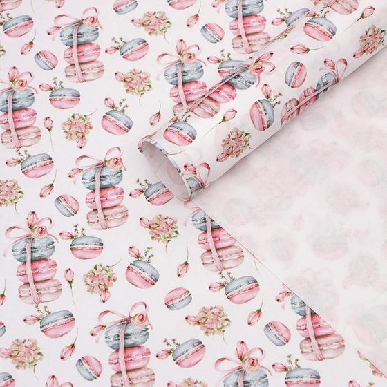 !09 Набор из 3-х листов упаковочной крафтовой бумаги размер 50 × 70 см: Бумага  "Макаруны"(2 листа)  + Бумага «Flowers» (1 лист)