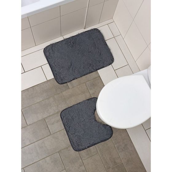 Набор ковриков для ванной и туалета Доляна «Пушистик», 2 шт: 38×40, 40×60 см, цвет серый