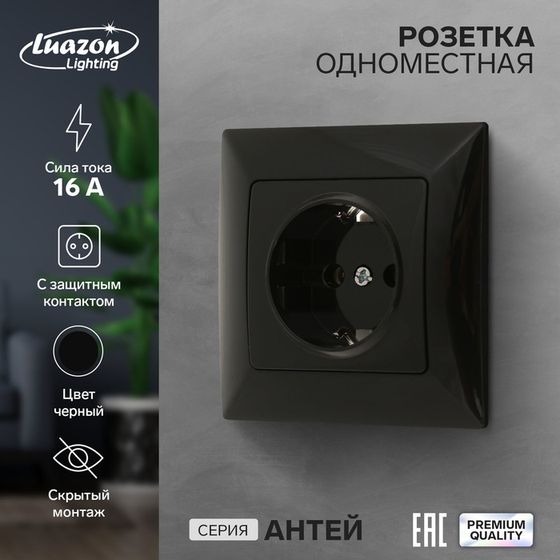 Розетка одноместная Luazon Lighting &quot;Антей&quot;, 16 А, скрытая, с з/к, черная