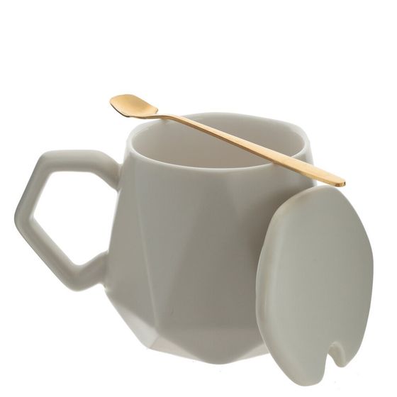 Кружка с крышкой и ложкой, 450 мл, L14 W9 H9,5 см, дизайн микс