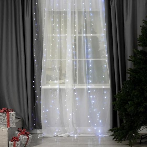 !09 Гирлянда «Занавес» 2.8 x 3 м роса на крючках, с пультом, IP20, серебристая нить, 300 LED, свечение белое, 8 режимов, USB