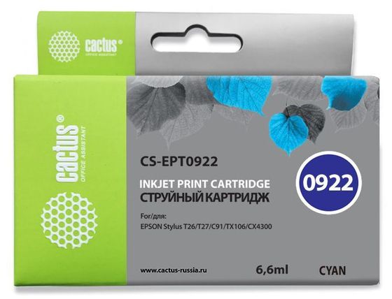 Картридж струйный Cactus CS-EPT0922 T0922 голубой (6.6мл) для Epson Stylus C91/CX4300/T26/T27/TX106/TX109/TX117/TX119