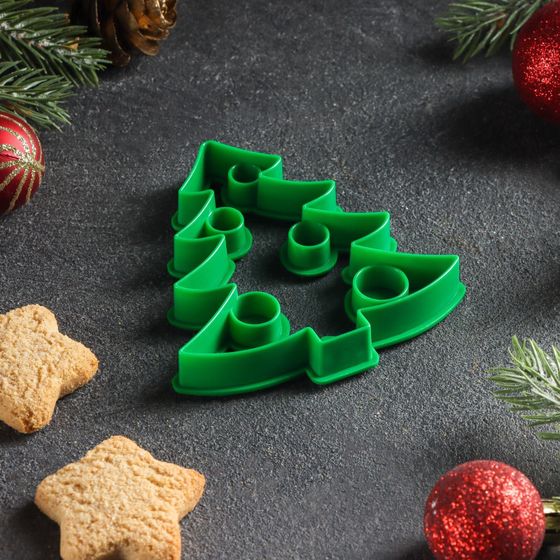 !09 Форма для печенья новогодняя «Ёлочка», вырубка, штамп, 8.5×8 см, пластик, зелёная