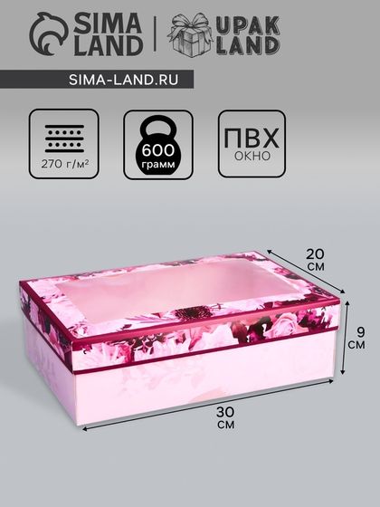 Коробка складная, крышка-дно, &quot;Цветы&quot;, 30 х 20 х 9 см с окном